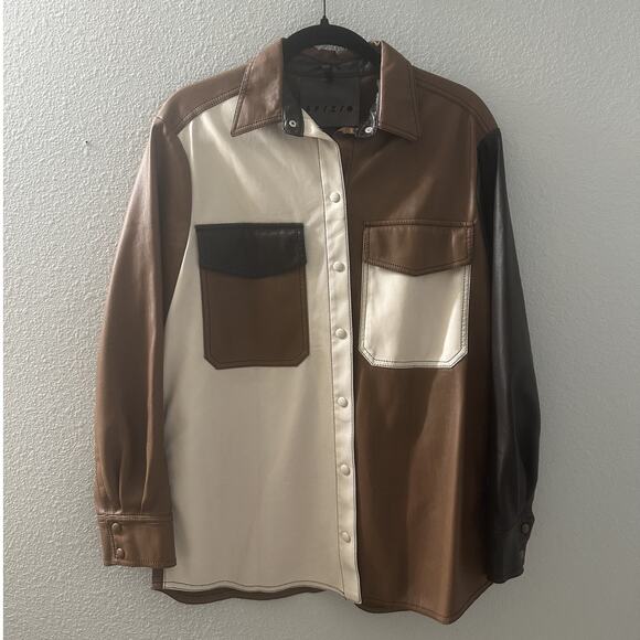 SFIZIO Women's Brown Color Block Faux Leather Patchwork Shacket Size Medium NWOT - Picture 6 of 14